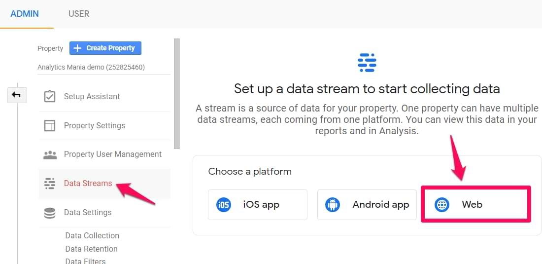 data streams در نصب گوگل آنالتیکس 4